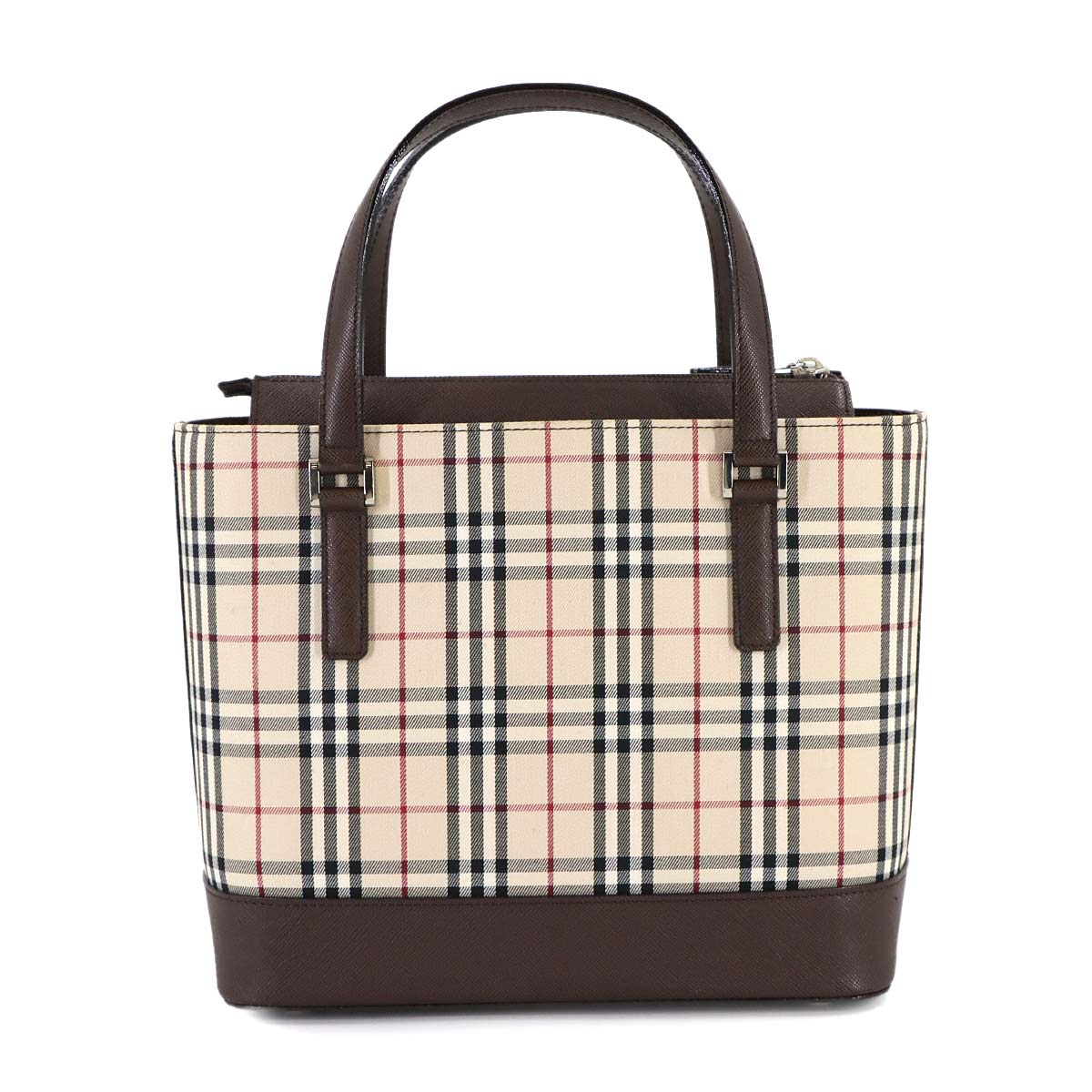 Plaid Hand Bag Canvas Leather Beige Brown Purse