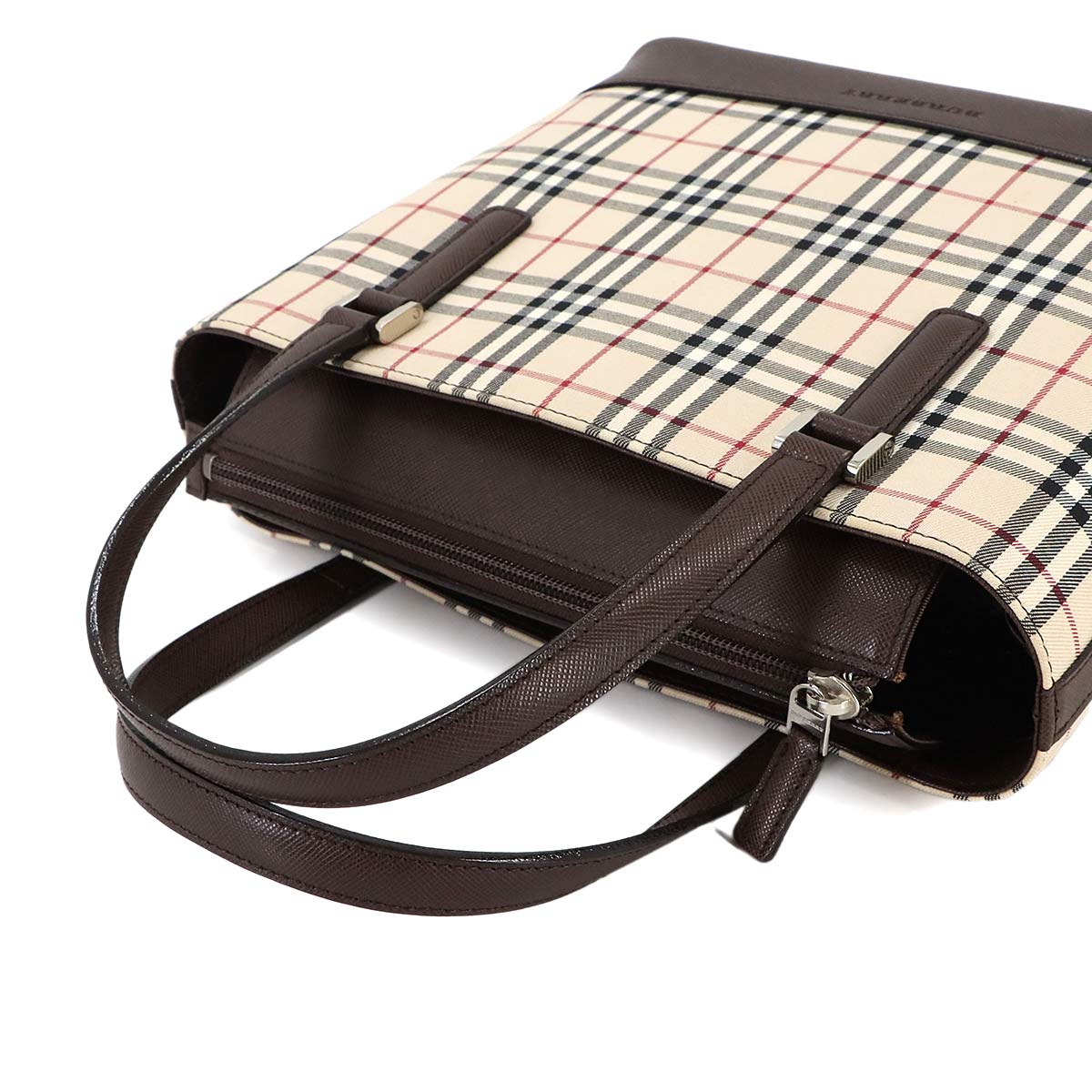 Plaid Hand Bag Canvas Leather Beige Brown Purse