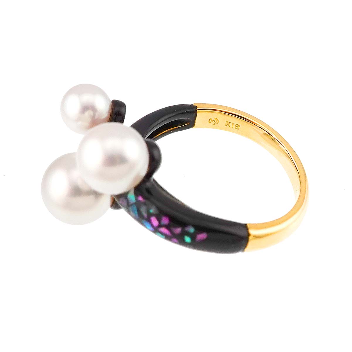 Akoya Pearl 7.6-5.4mm Enamel MOP Ring 18K YG 750 6.25-6.5(US)