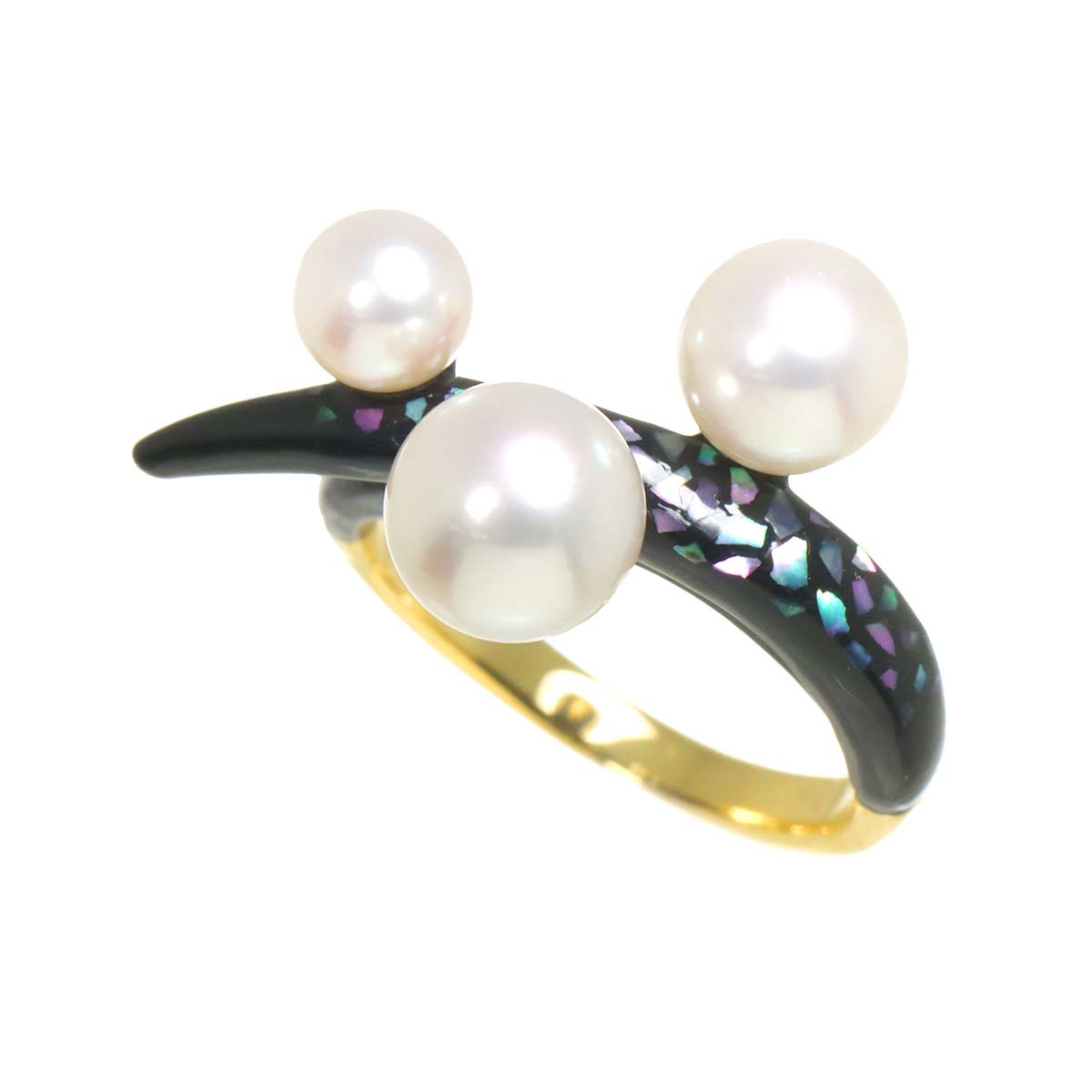 Akoya Pearl 7.6-5.4mm Enamel MOP Ring 18K YG 750 6.25-6.5(US)