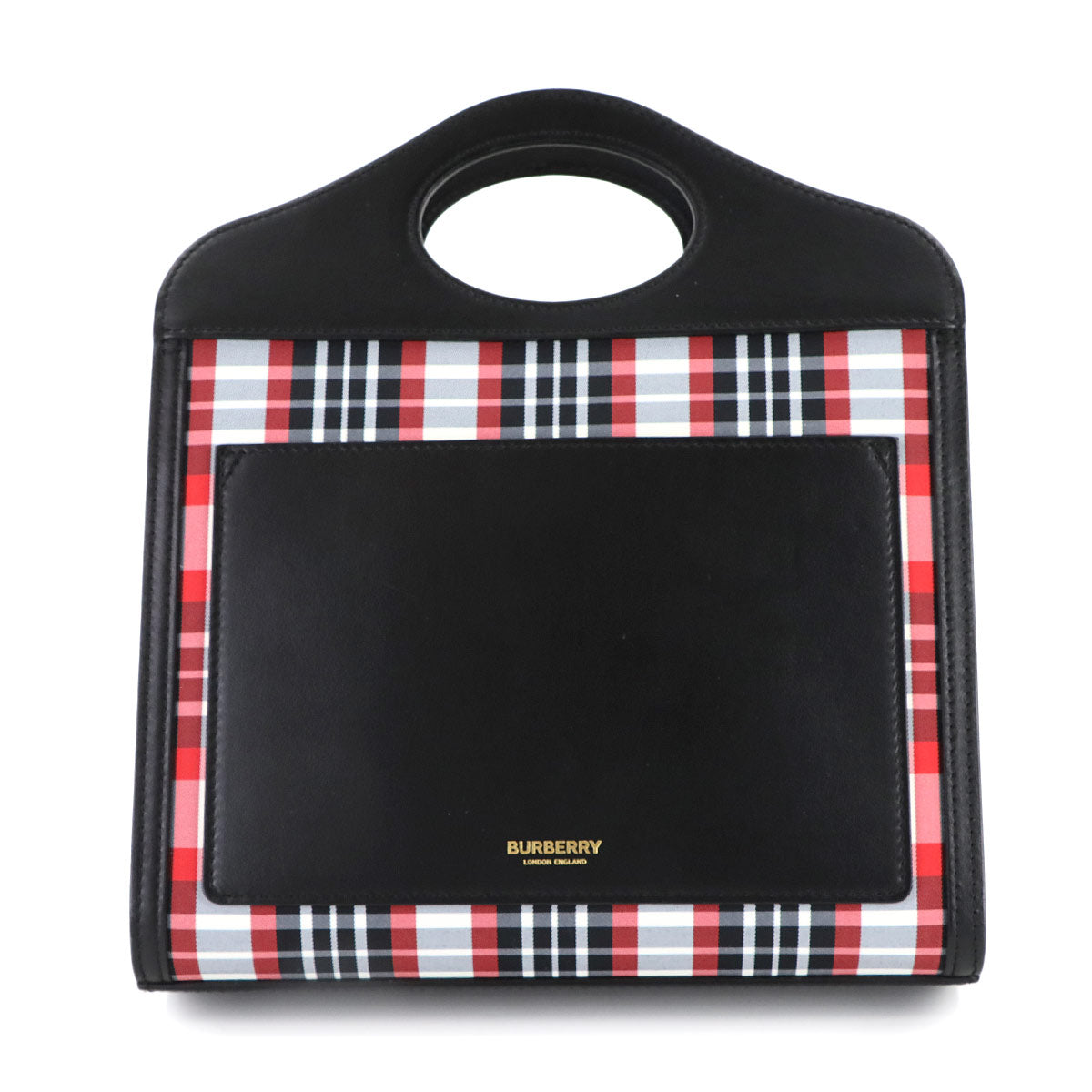 Check Pocket Bag Hand Shoulder Bag Leather Nylon Black Red