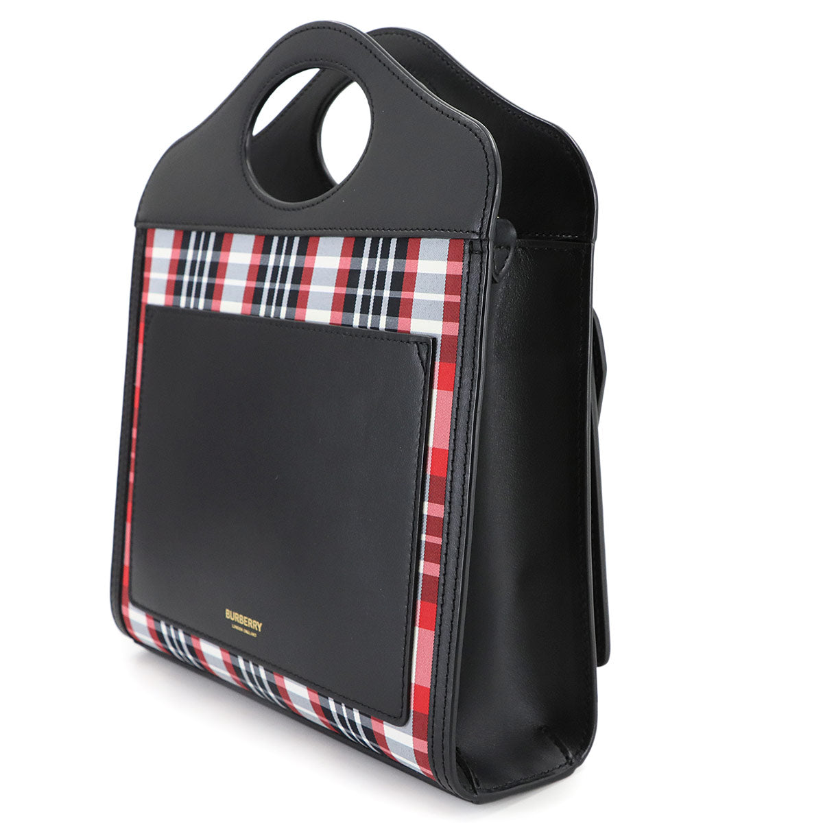 Check Pocket Bag Hand Shoulder Bag Leather Nylon Black Red