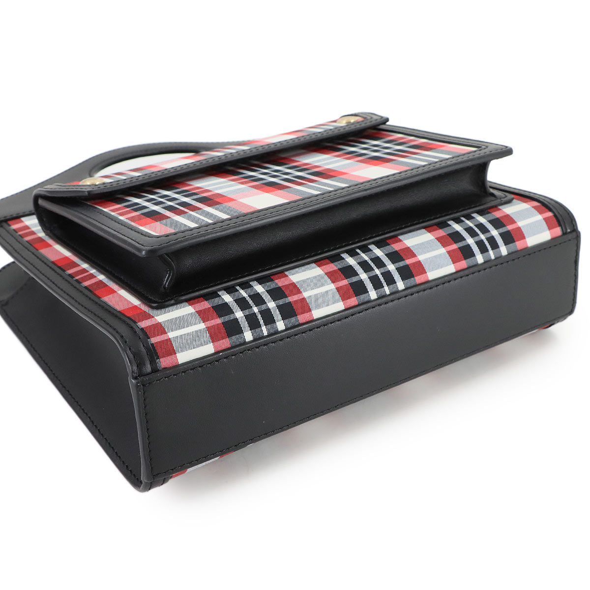 Check Pocket Bag Hand Shoulder Bag Leather Nylon Black Red