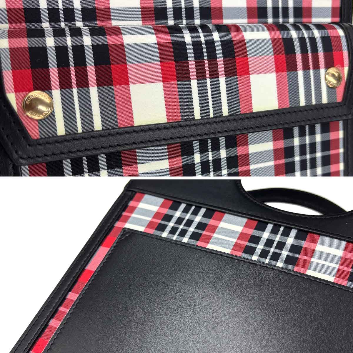 Check Pocket Bag Hand Shoulder Bag Leather Nylon Black Red