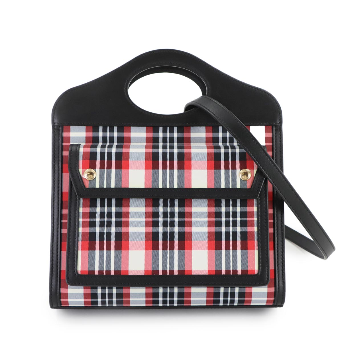 Check Pocket Bag Hand Shoulder Bag Leather Nylon Black Red