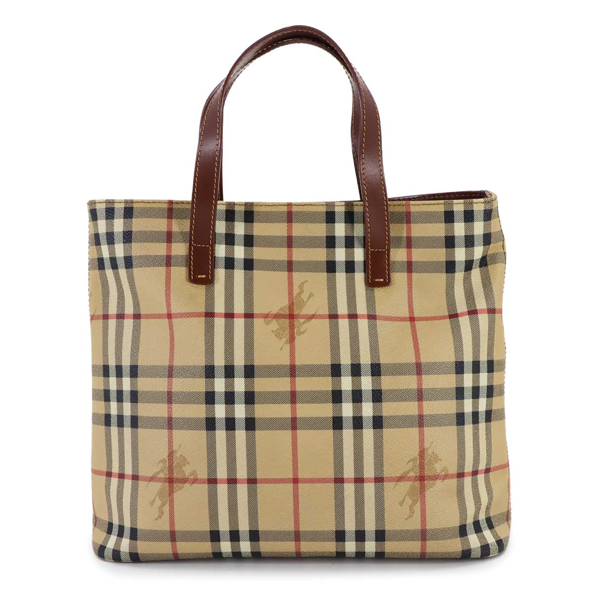 Plaid Hand Bag PVC Leather Beige Brown Purse