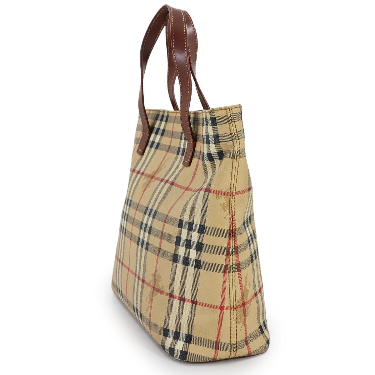 Plaid Hand Bag PVC Leather Beige Brown Purse