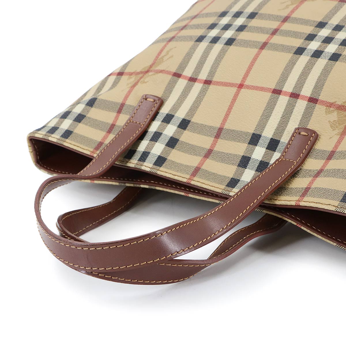 Plaid Hand Bag PVC Leather Beige Brown Purse