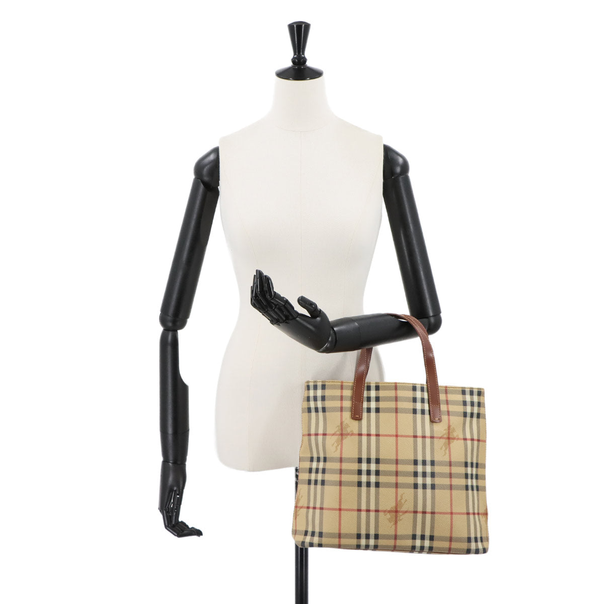 Plaid Hand Bag PVC Leather Beige Brown Purse