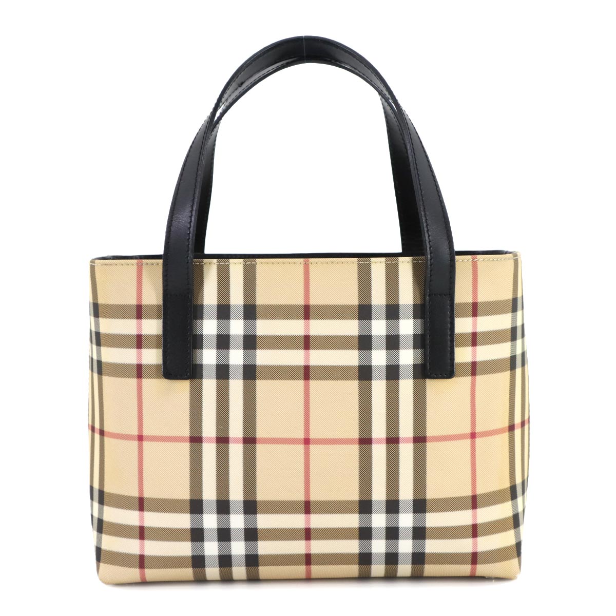 Plaid Hand Bag PVC Leather Beige Black Purse