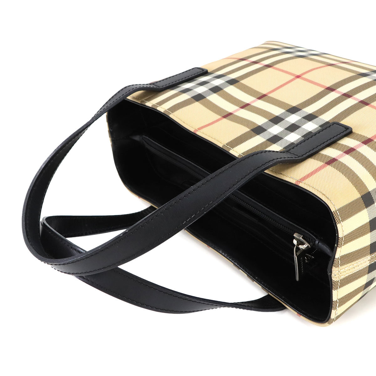 Plaid Hand Bag PVC Leather Beige Black Purse