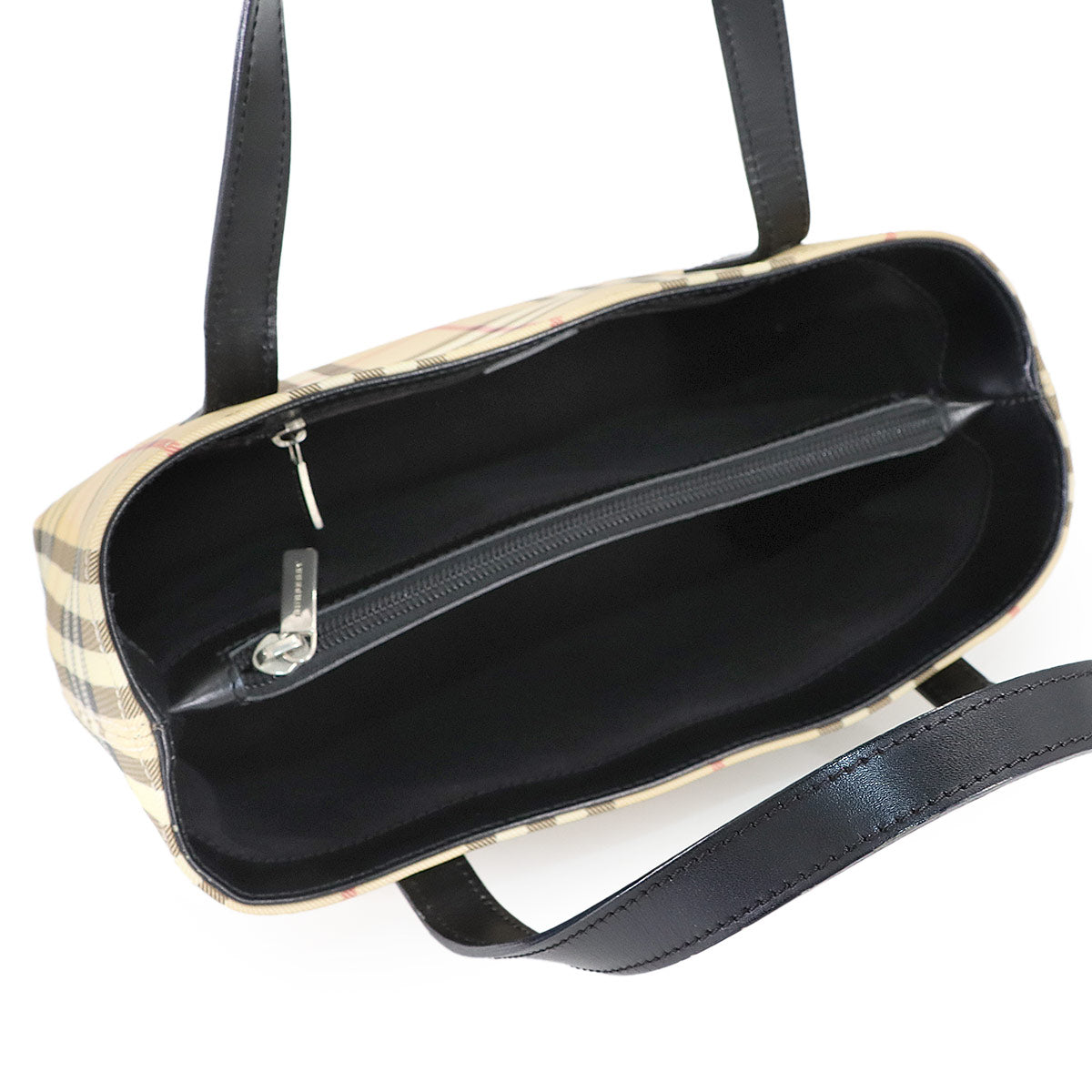 Plaid Hand Bag PVC Leather Beige Black Purse