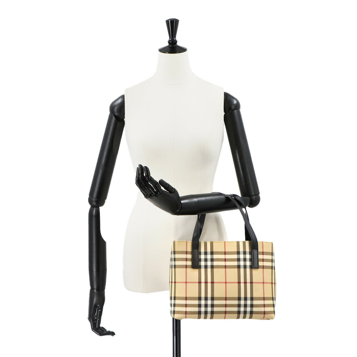 Plaid Hand Bag PVC Leather Beige Black Purse