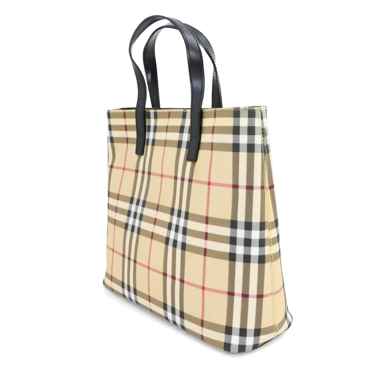 Plaid Hand Bag PVC Leather Beige Black Purse