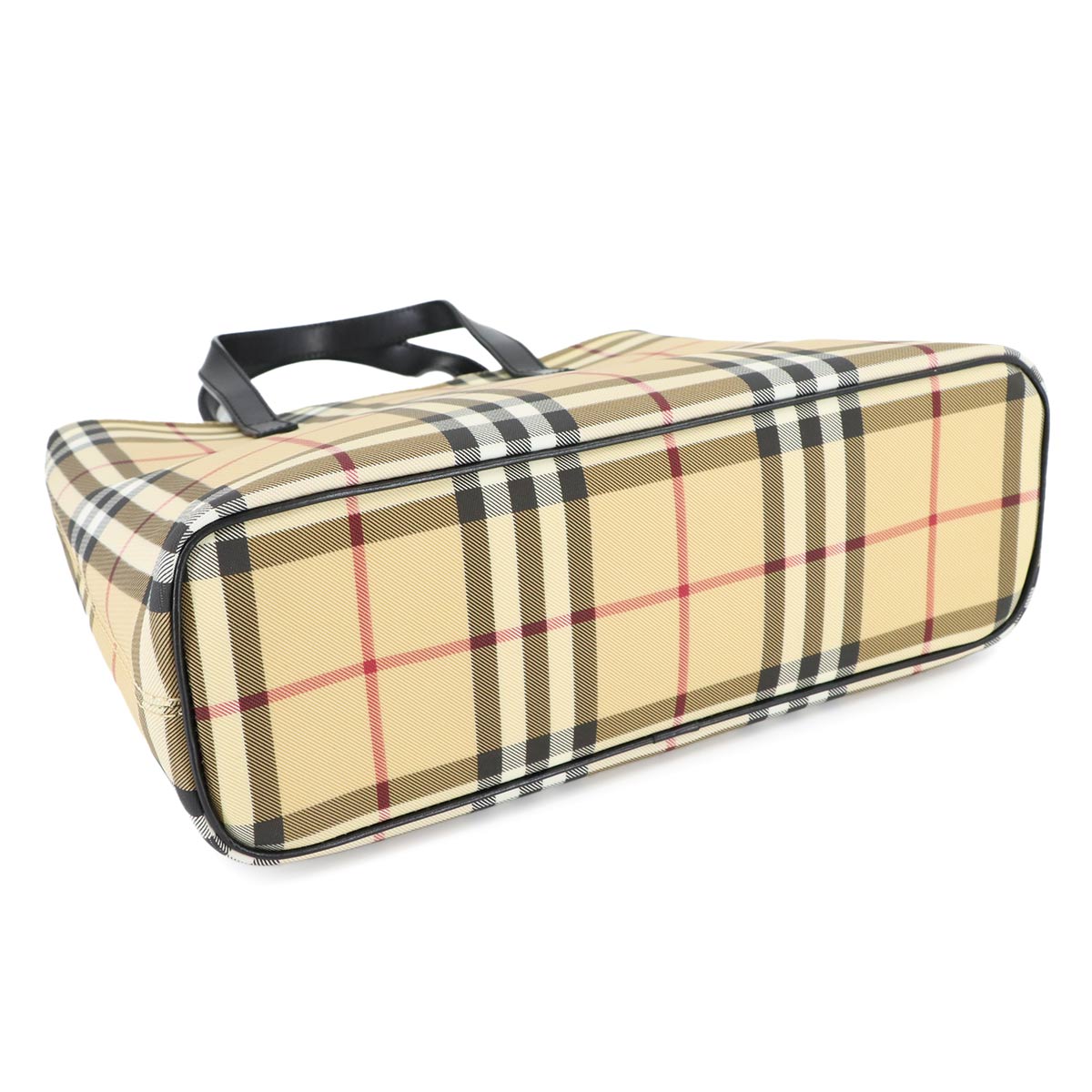 Plaid Hand Bag PVC Leather Beige Black Purse