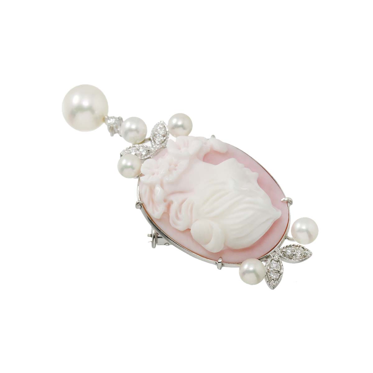 Shell Cameo Akoya Pearl Diamond 0.13ct Brooch Pendant 18K WG 750