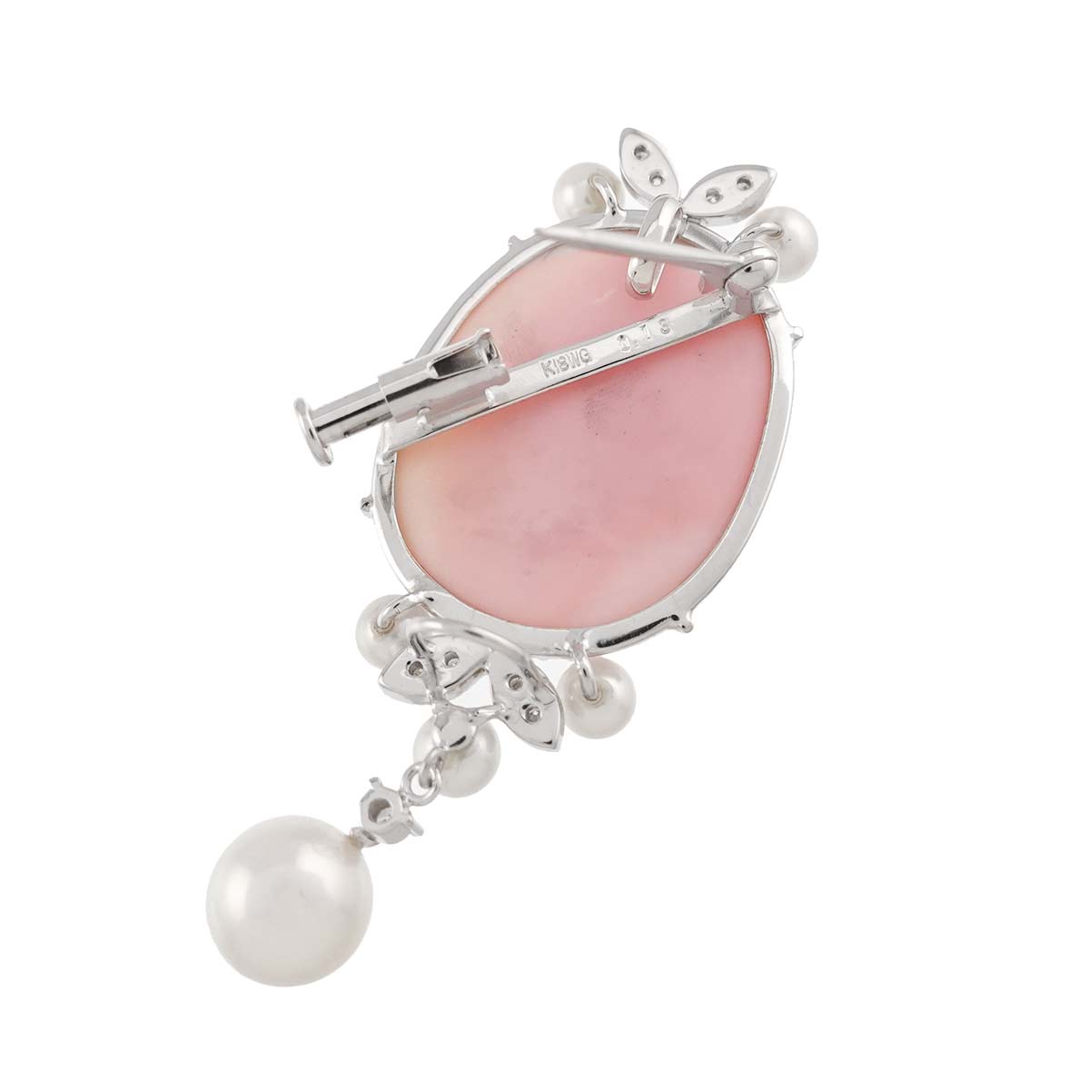 Shell Cameo Akoya Pearl Diamond 0.13ct Brooch Pendant 18K WG 750