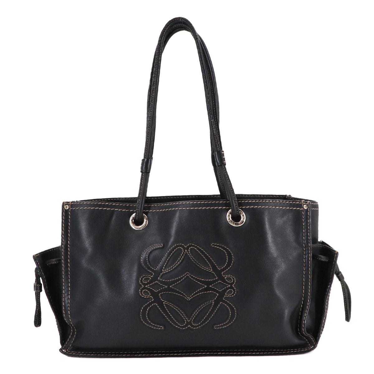 Anagram Logos Tote Bag Leather Black Purse