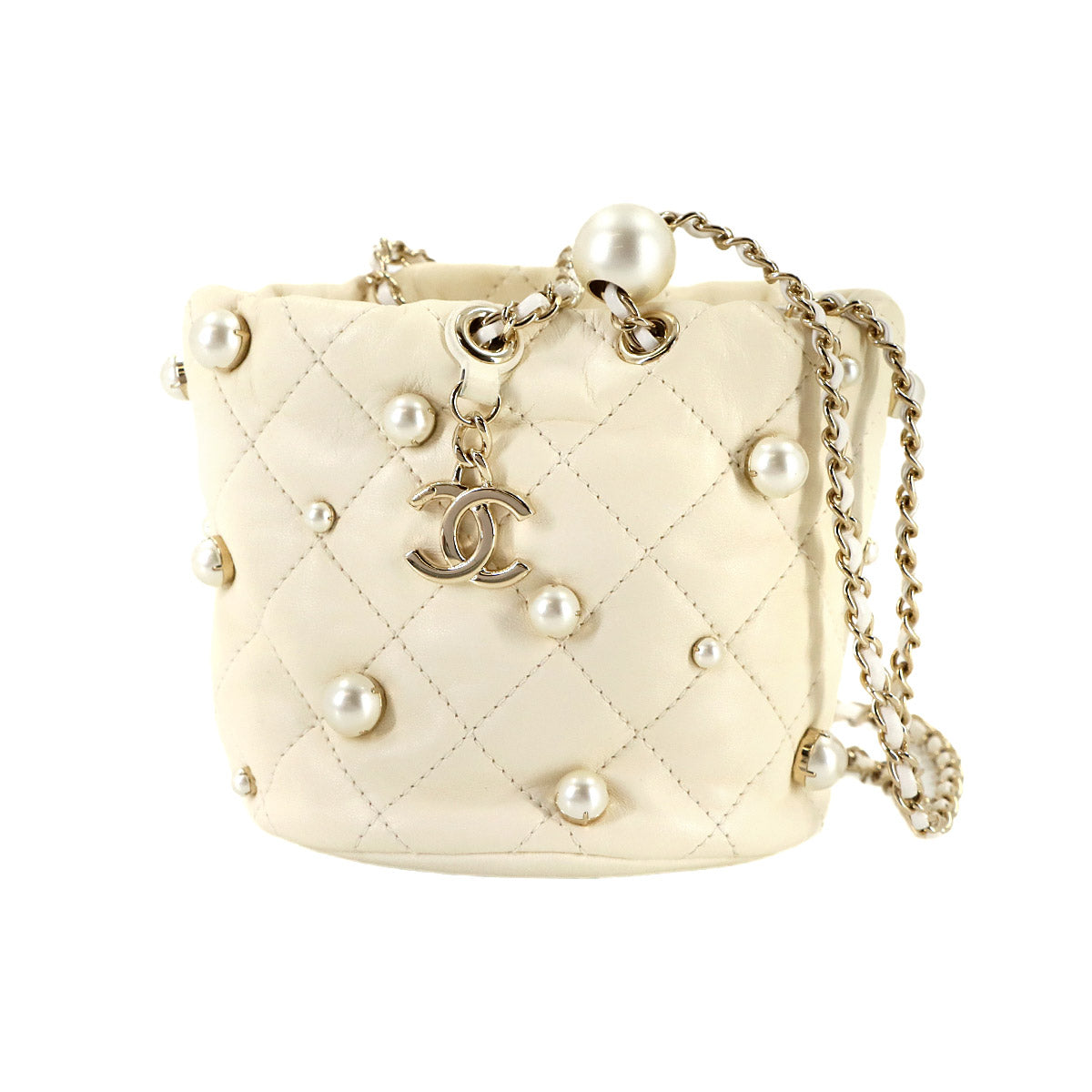 Matelasse Pearl motif Chain Shoulder Bag Leather White AS2518