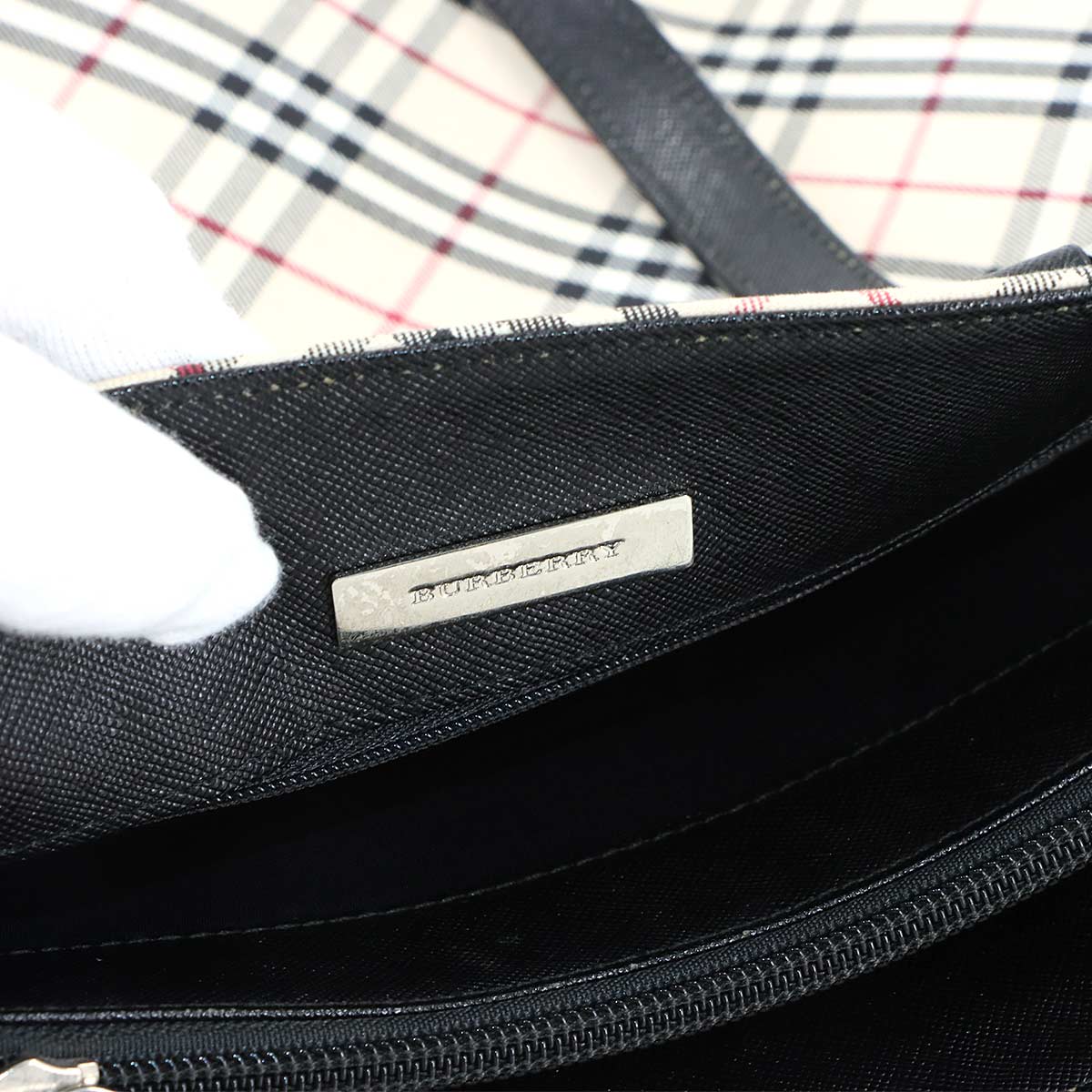 Plaid Tote Bag Canvas Leather Beige Black Purse