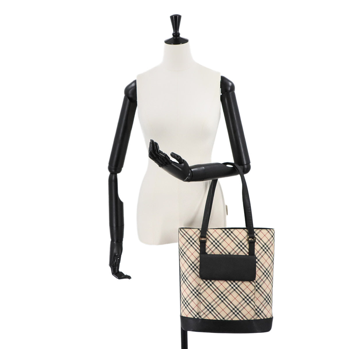 Plaid Tote Bag Canvas Leather Beige Black Purse