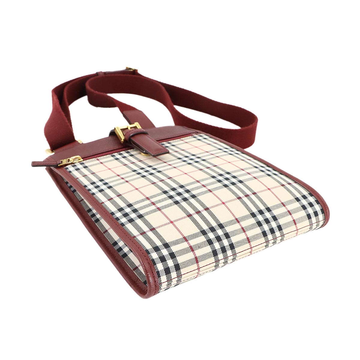 Shoulder Bag Canvas Leather Beige Bordeaux Plaid Purse
