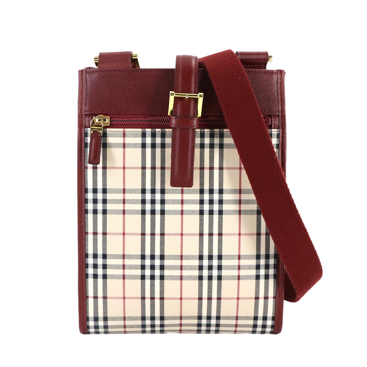 Shoulder Bag Canvas Leather Beige Bordeaux Plaid Purse