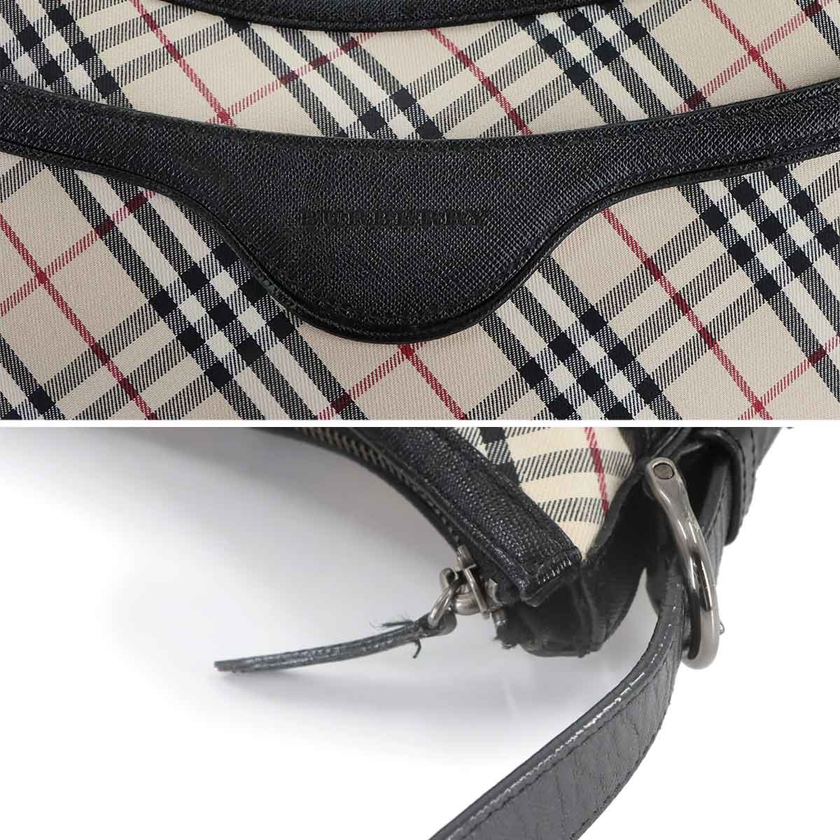 Shoulder Bag Canvas Leather Beige Black Plaid Purse