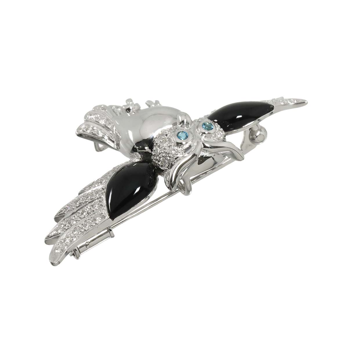 Diamond 0.42ct Treated Diamond Onyx Brooch 18K WG White Gold 750