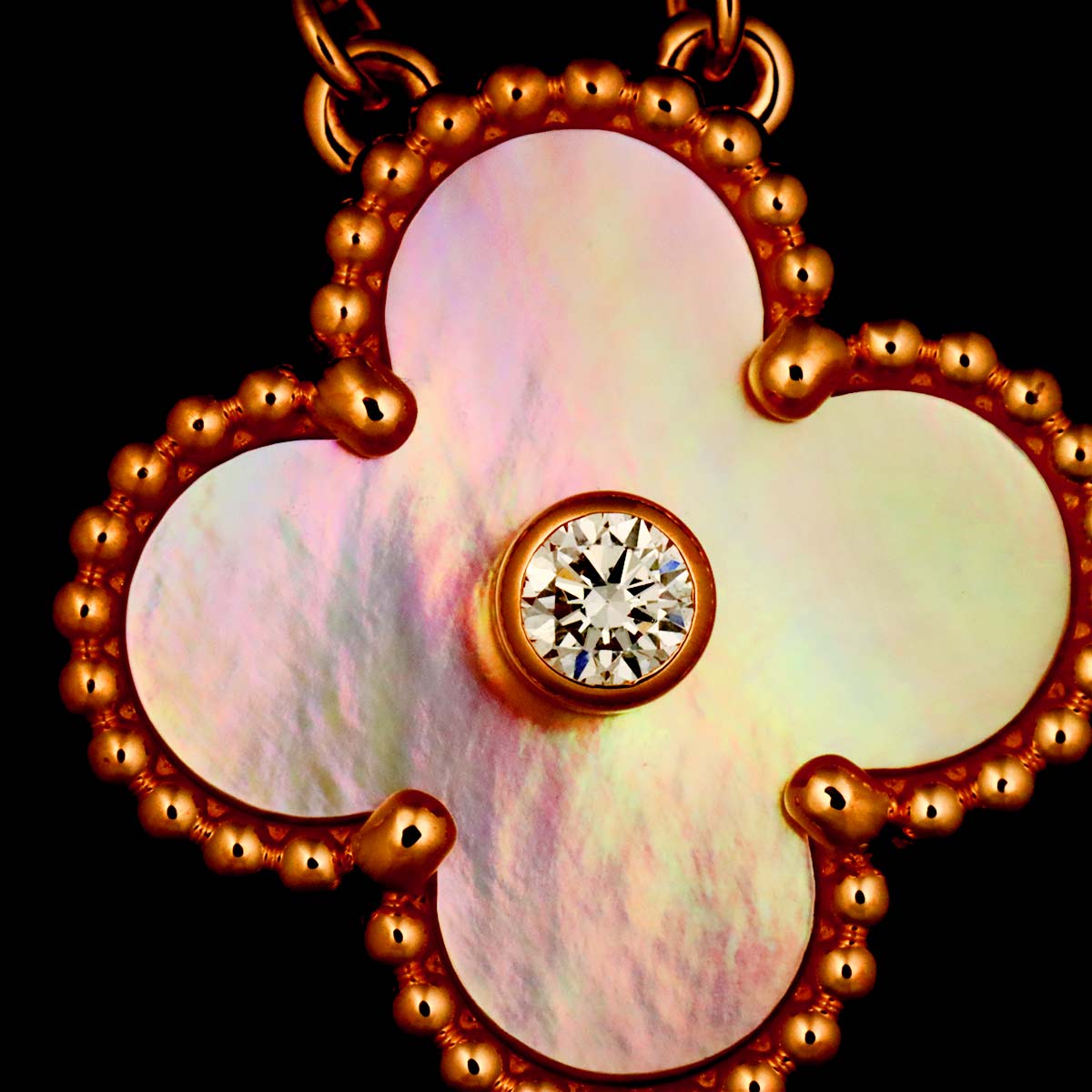 Vintage Alhambra Pink MOP Diamond Necklace 18K PG 750