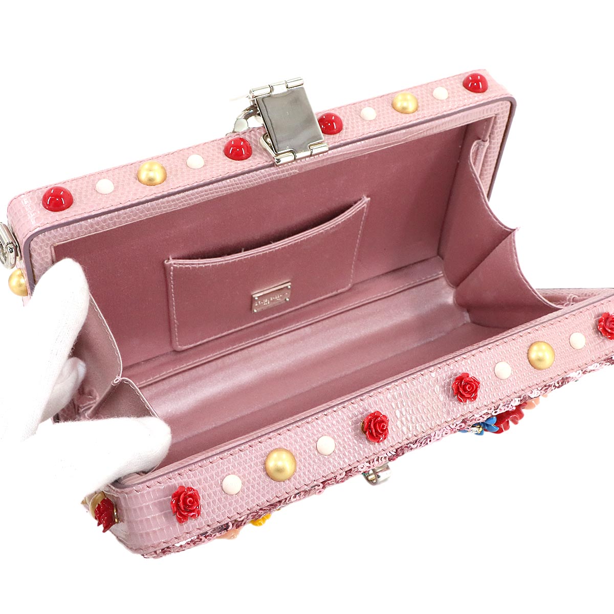 Flower motif Shoulder Clutch Bag Leather Sequins Pink