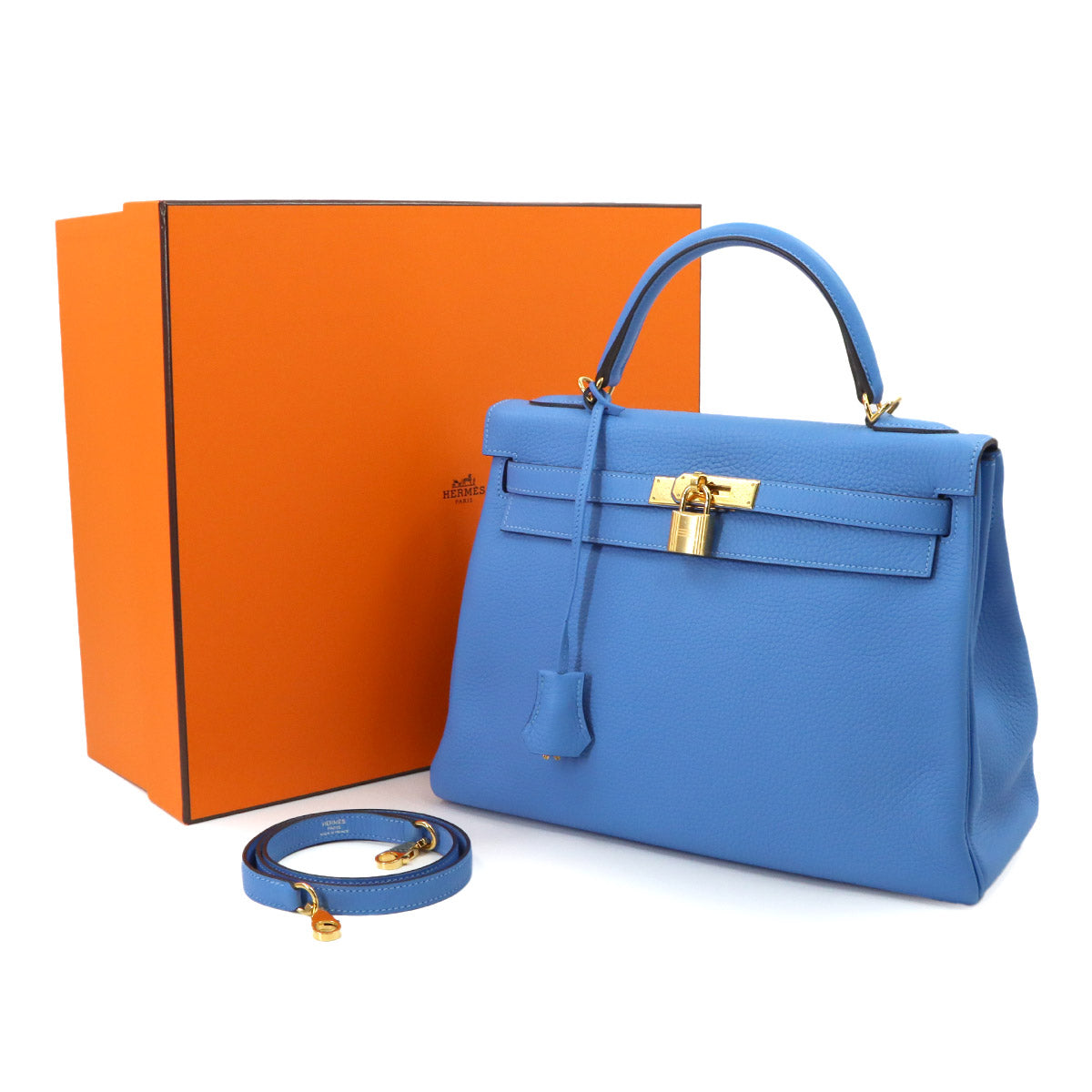 Kelly 32 Taurillon Clemence Bleu Paradis Hand Shoulder Bag