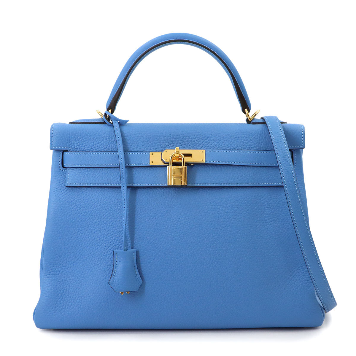Kelly 32 Taurillon Clemence Bleu Paradis Hand Shoulder Bag