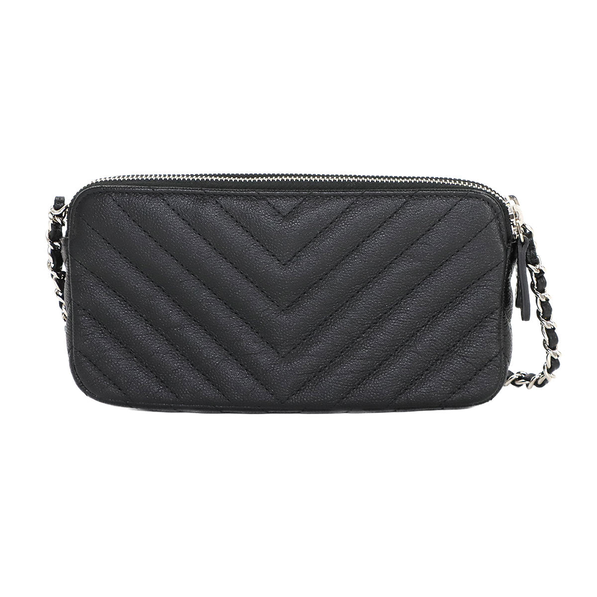 V stitch W Zipped Chain Long Wallet Leather Black A82527