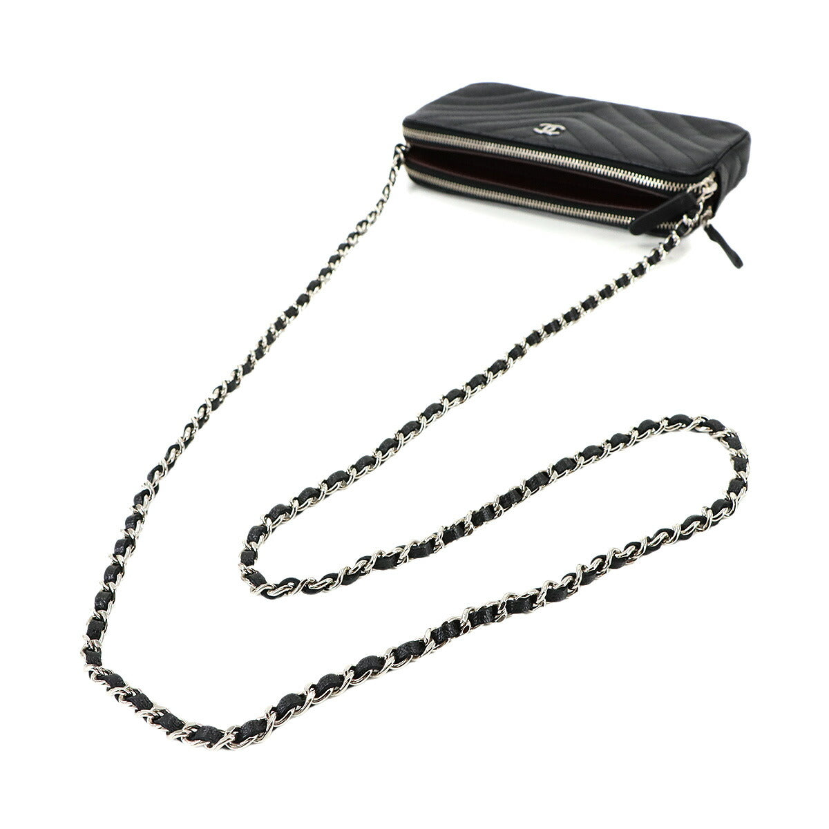 V stitch W Zipped Chain Long Wallet Leather Black A82527