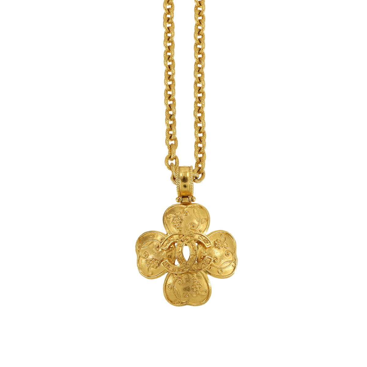 Clover Coco Logos Long Necklace Gold 96A Vintage Accessory