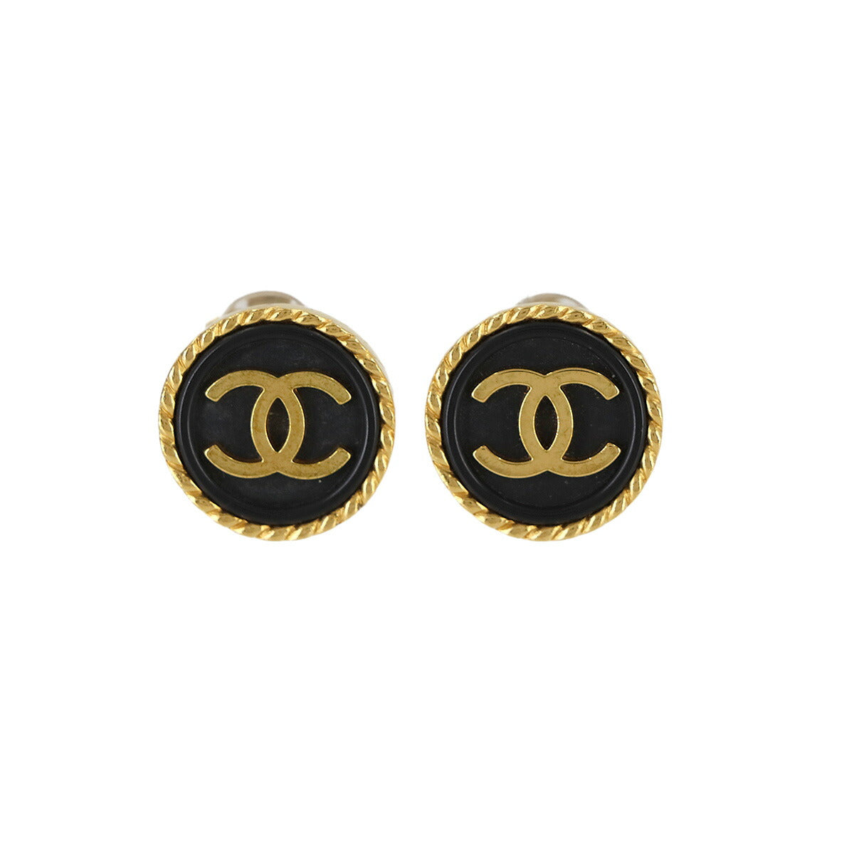 Round type Coco Logos Earrings Black Gold 97P Vintage Accessory