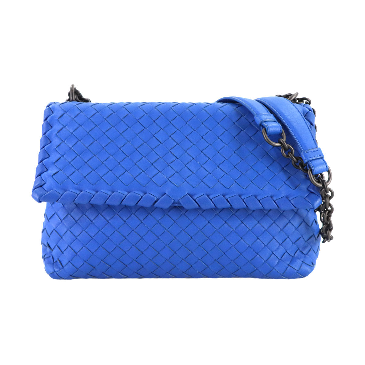 Intrecciato Chain Shoulder Bag Leather Blue Purse