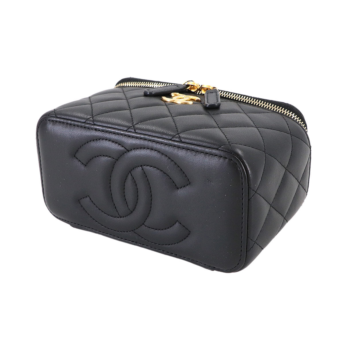 Matelasse Small Vanity Case Chain Shoulder Bag Black Camellia