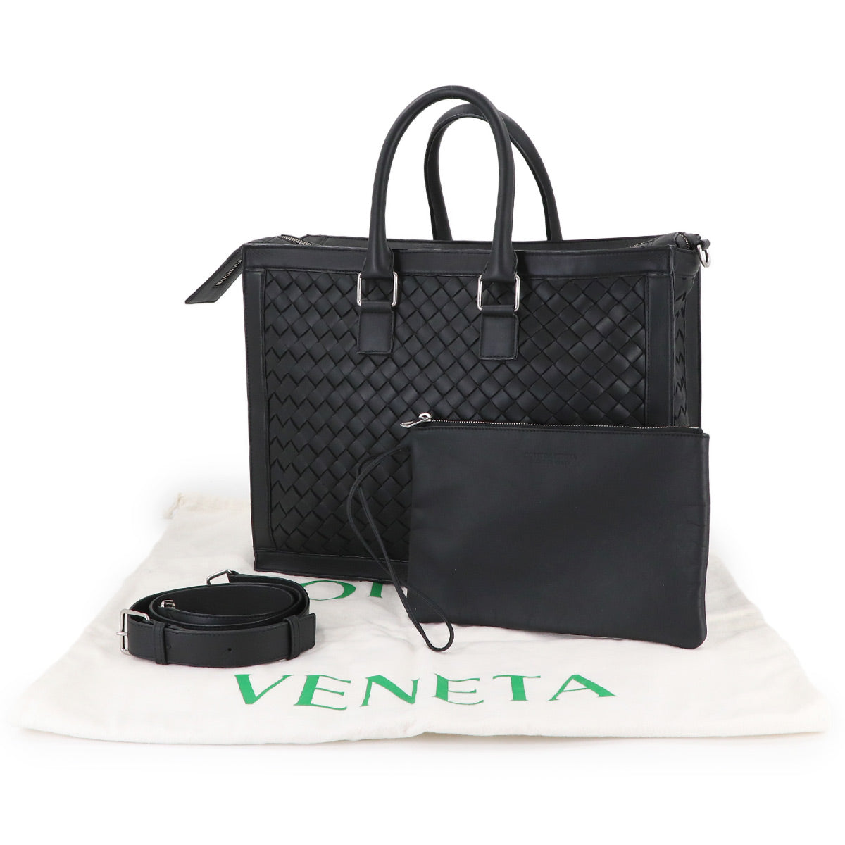Intrecciato Briefcase Shoulder Bag Leather Black