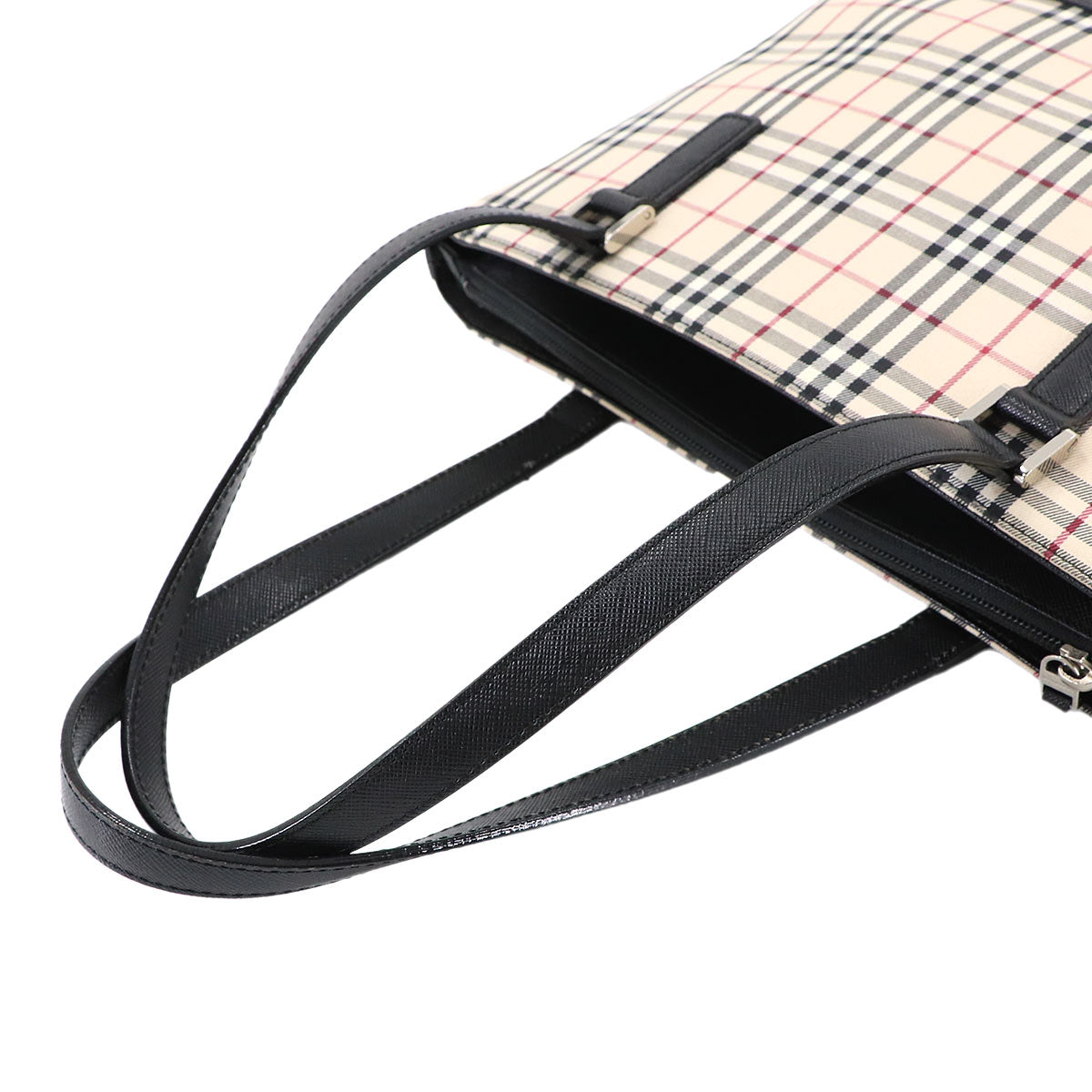 Plaid Tote Bag Canvas Leather Beige Black Purse