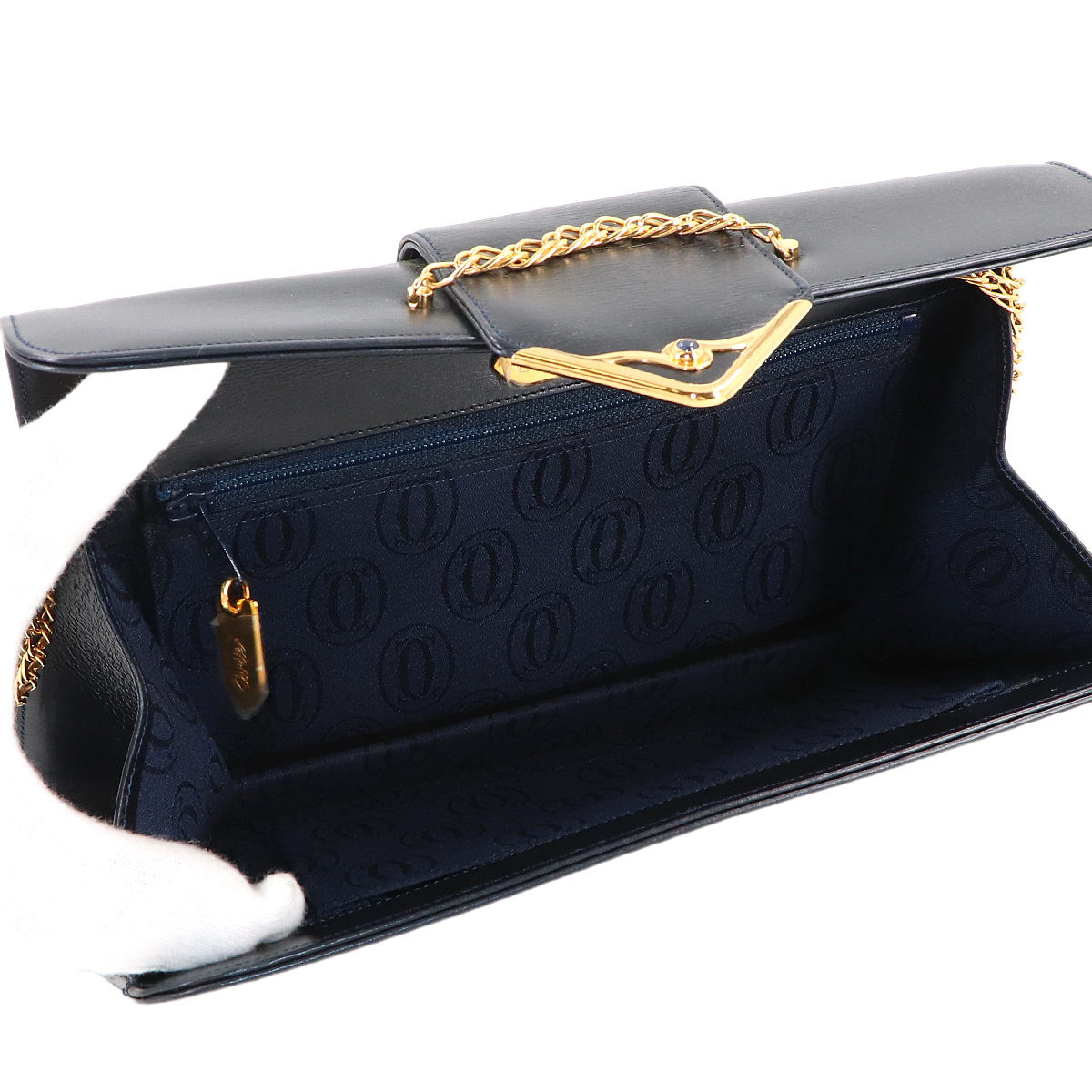 Sapphire Line Chain Shoulder Bag Leather Navy