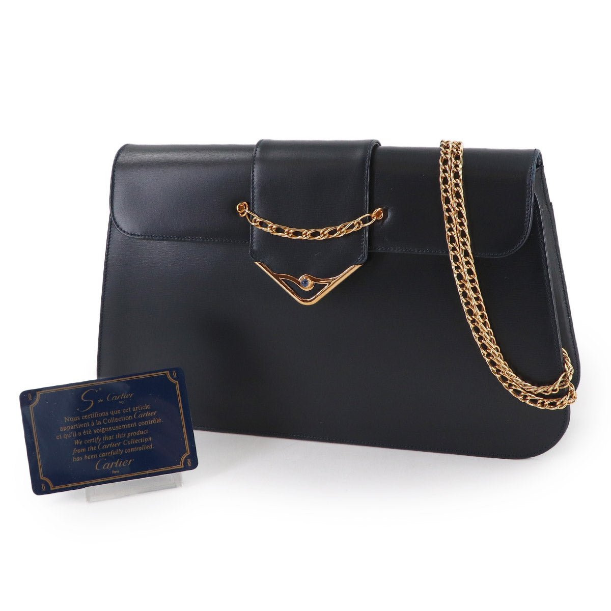 Sapphire Line Chain Shoulder Bag Leather Navy