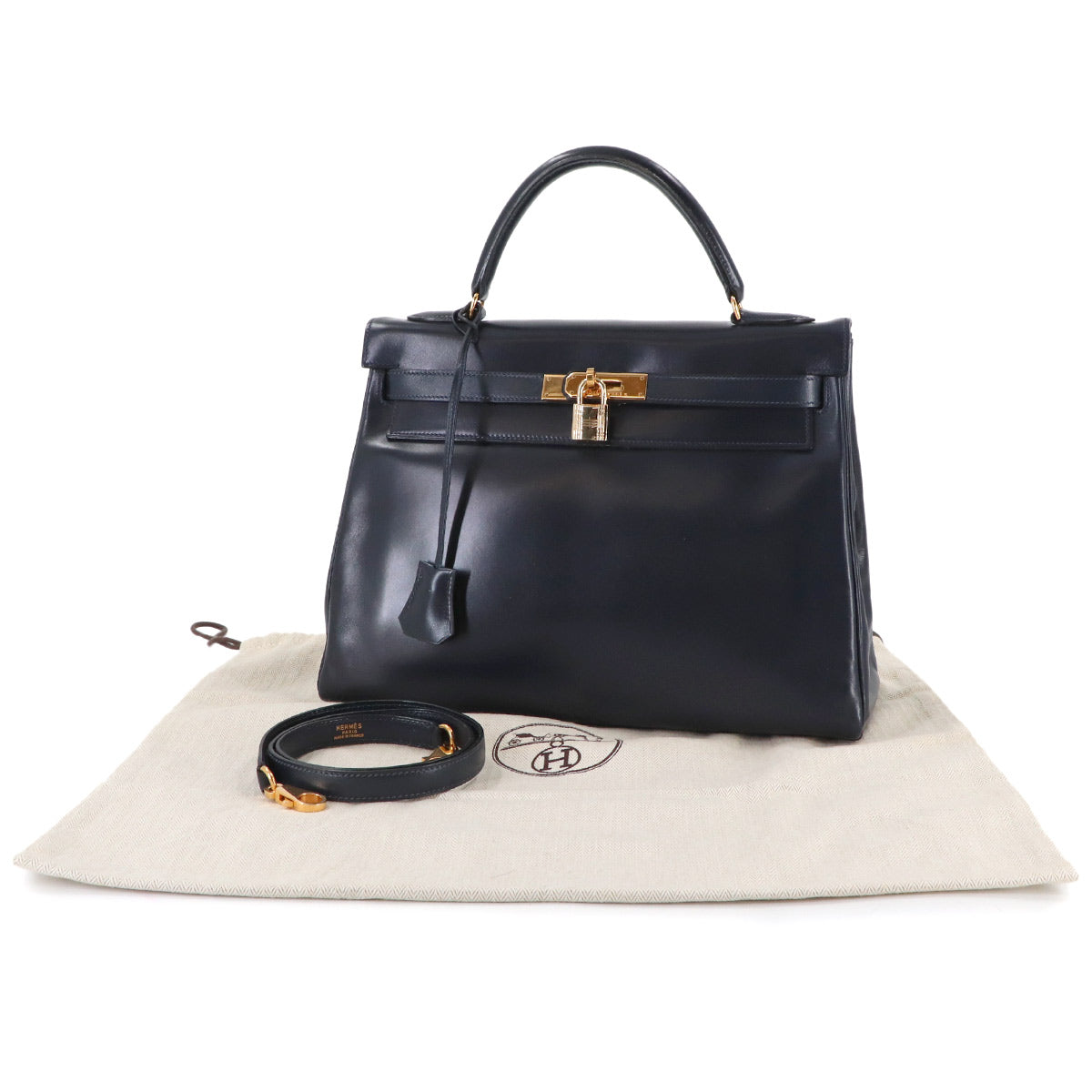 Kelly 32 Box calf Navy Hand Bag Vintage Purse