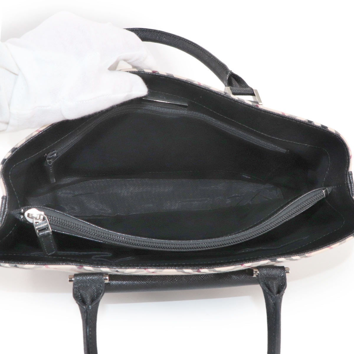 Plaid Hand Bag Canvas Leather Beige Black Purse