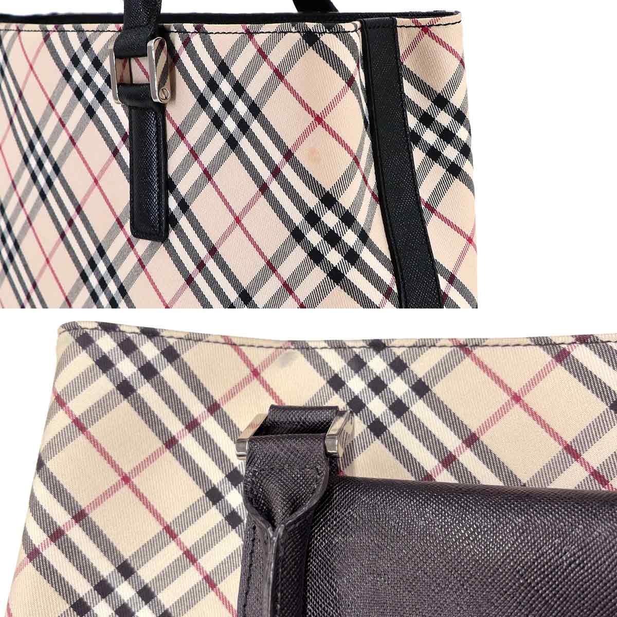 Plaid Hand Bag Canvas Leather Beige Black Purse