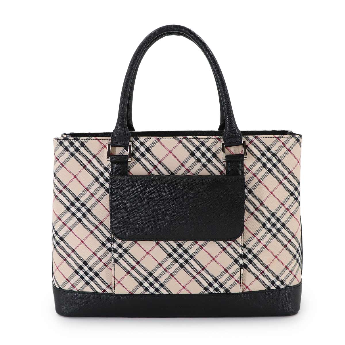 Plaid Hand Bag Canvas Leather Beige Black Purse