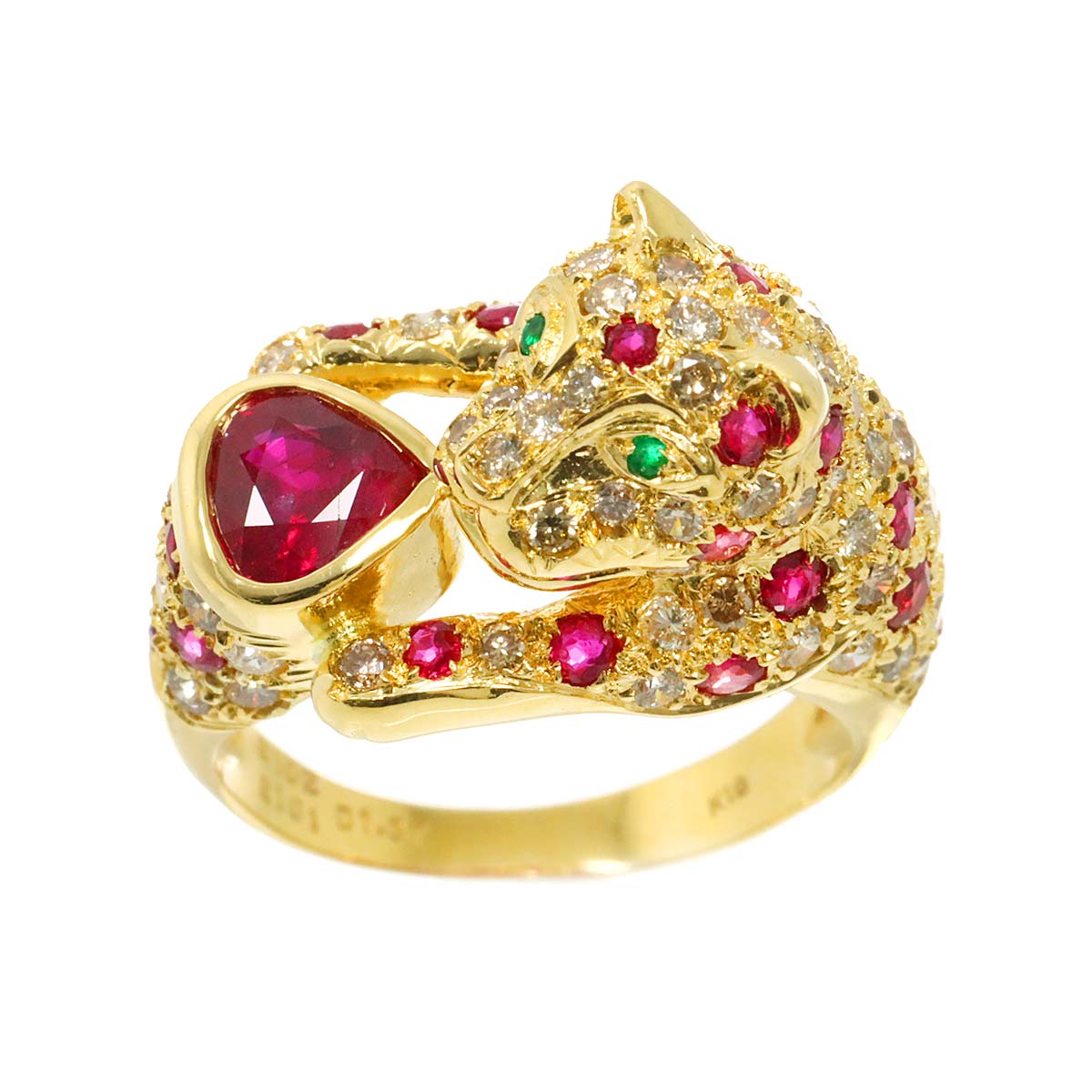 Ruby 1.02ct/1.01ct Diamond 1.37ct Emerald Ring 18K YG size7.5(US)