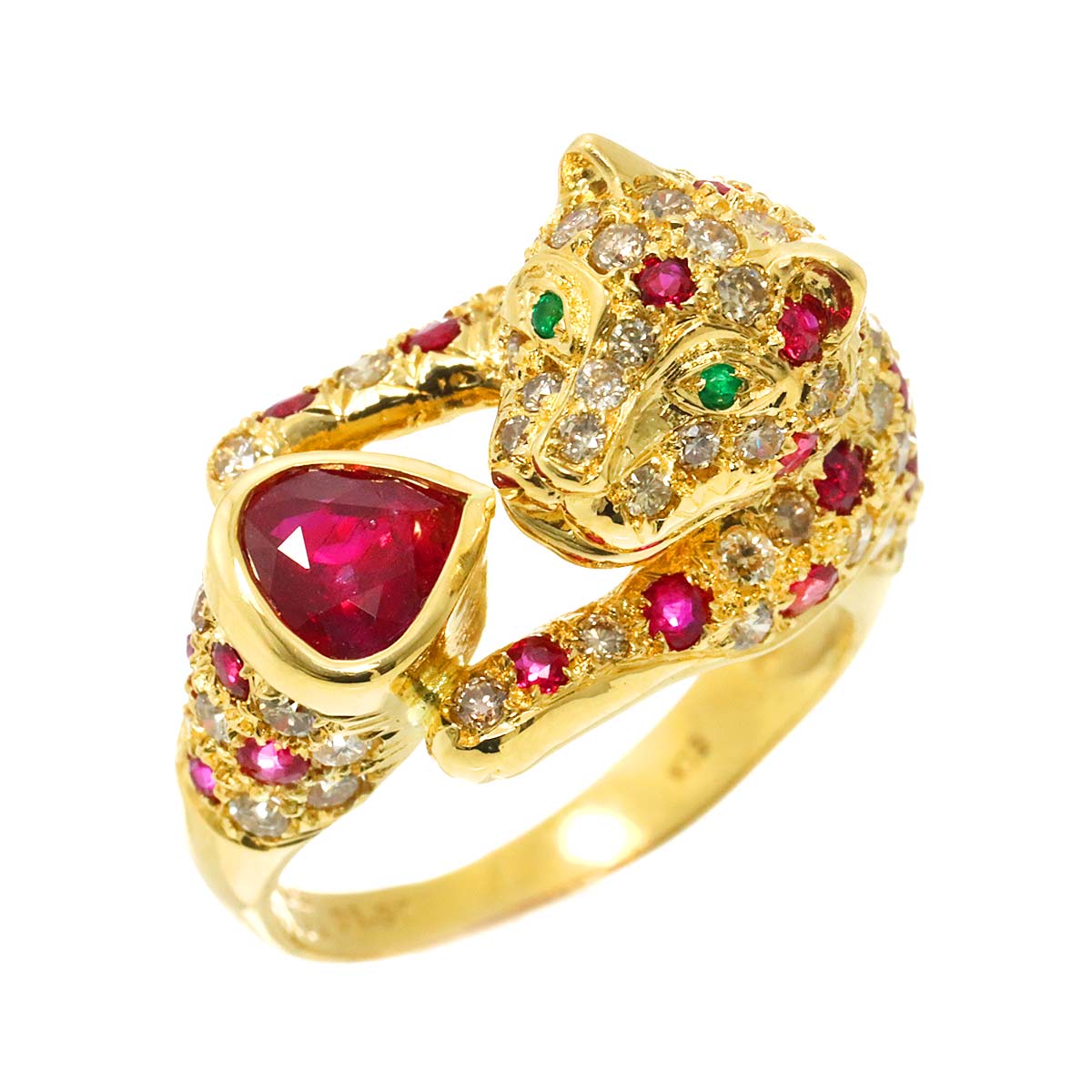 Ruby 1.02ct/1.01ct Diamond 1.37ct Emerald Ring 18K YG size7.5(US)