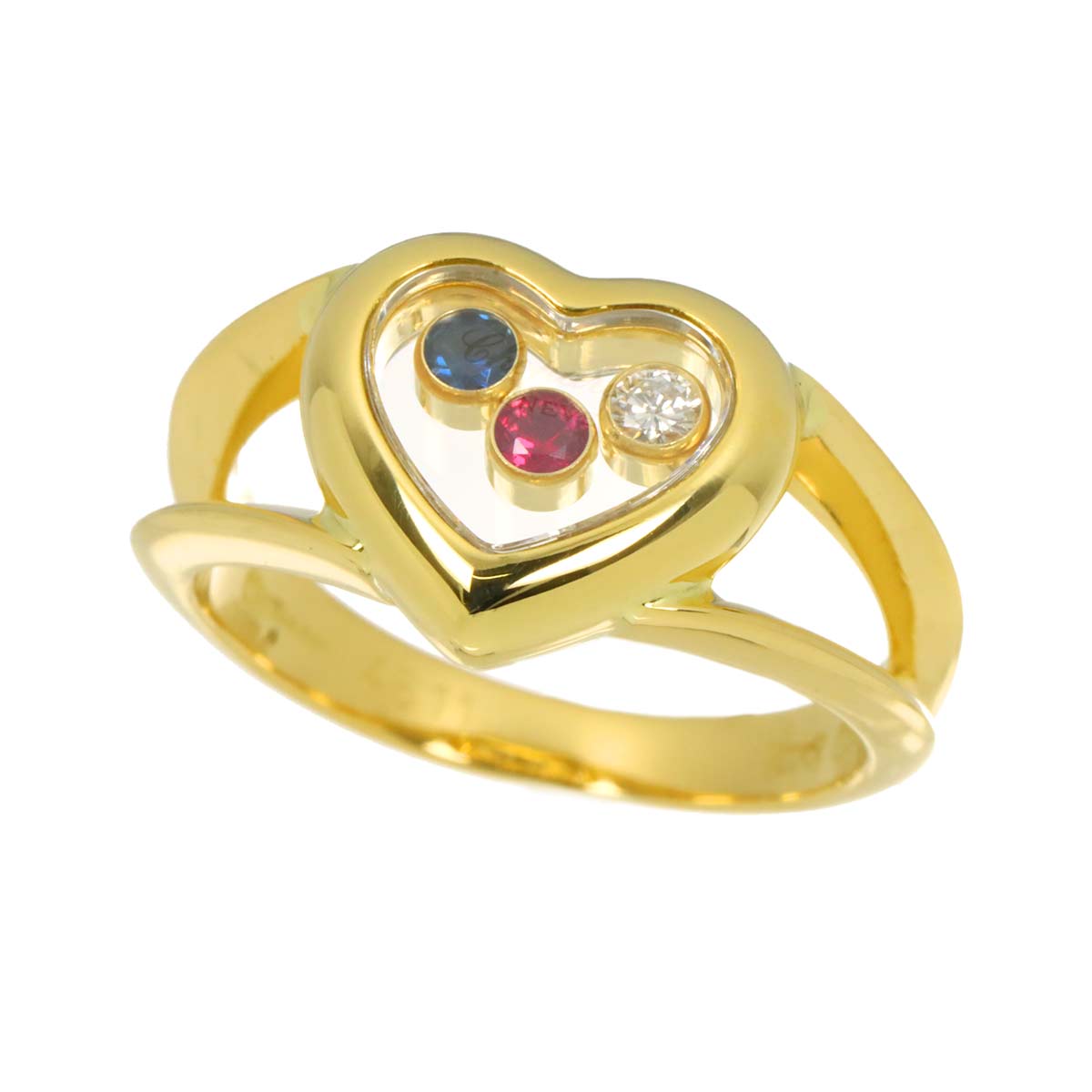 Happy Diamond Heart Sapphire Ruby Ring 18K YG 750 Size5-5.25US